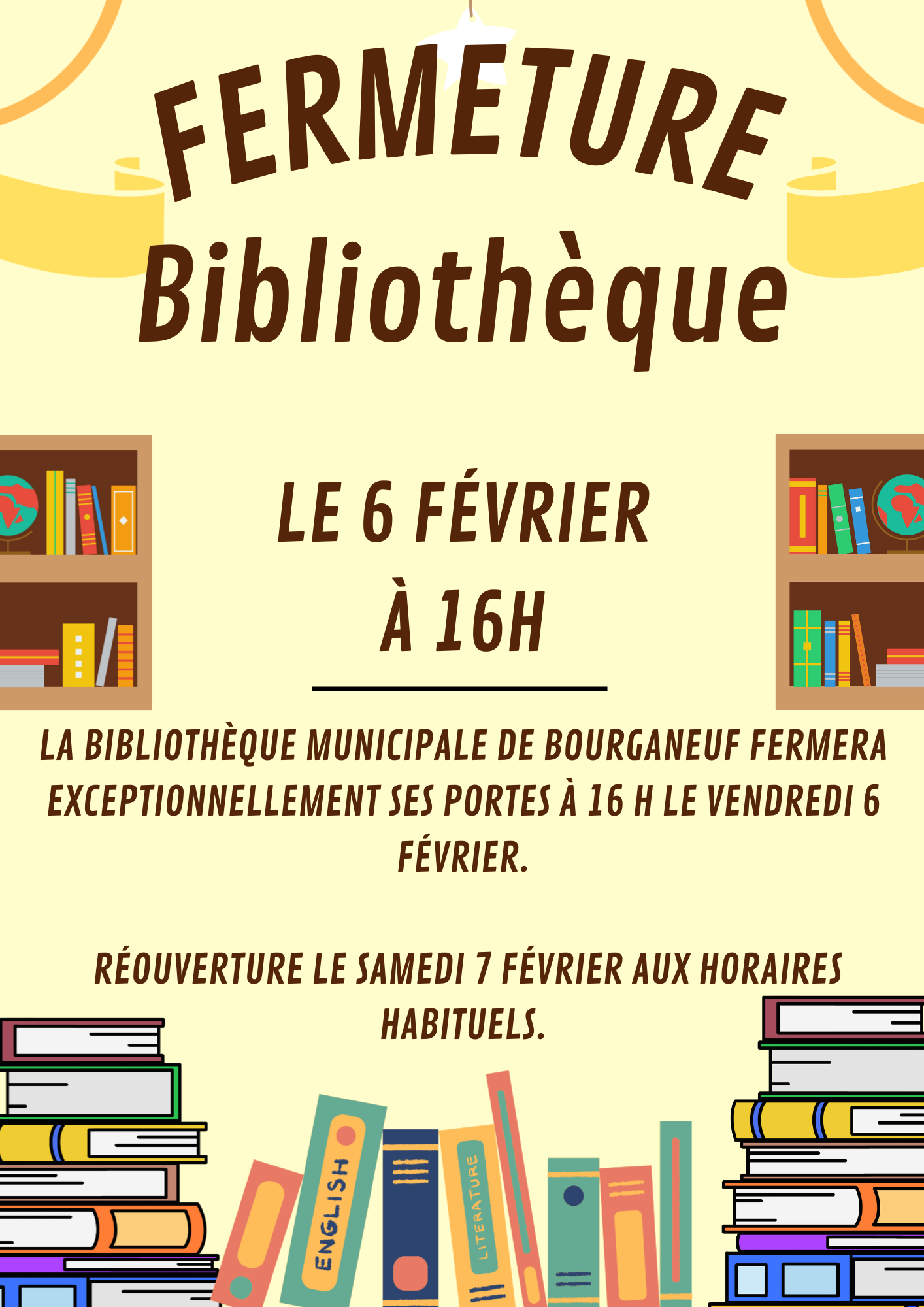 Bibliothèque – Fermeture exceptionnelle à 16h le 6 février
