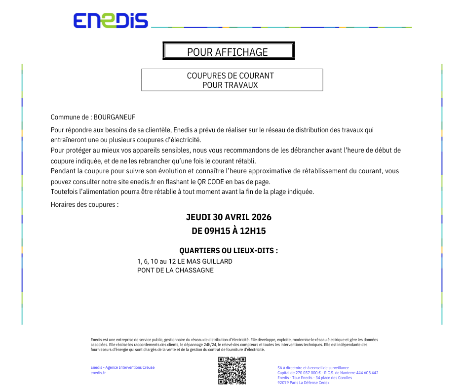 Coupure de courant pour travaux – 30 avril 2026